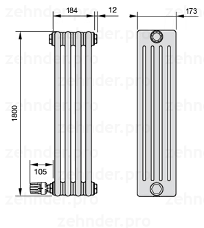 Схема (чертеж) Радиатор Zehnder Charleston 5180/4 №V003 Белый глянцевый RAL 9016